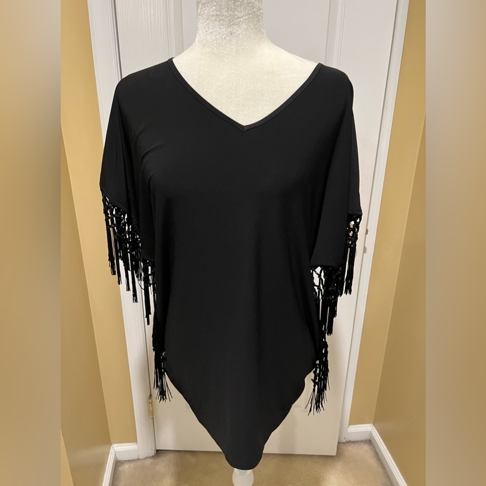 Addressing Woman black polyester blend top with side fringe size large
